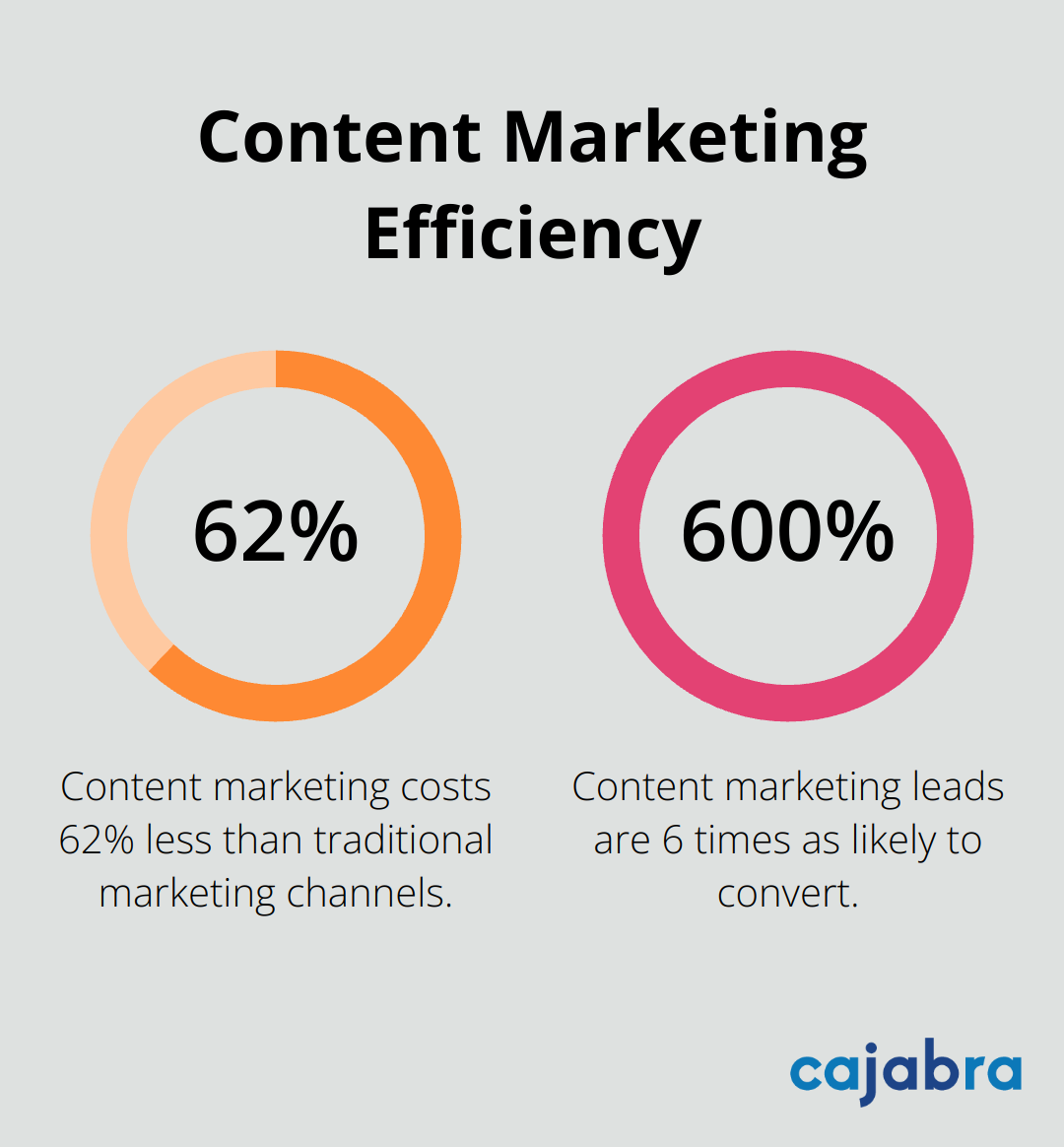 Chart showing content marketing costs 62% less than traditional marketing and leads are 6 times more likely to convert - content marketing return on investment