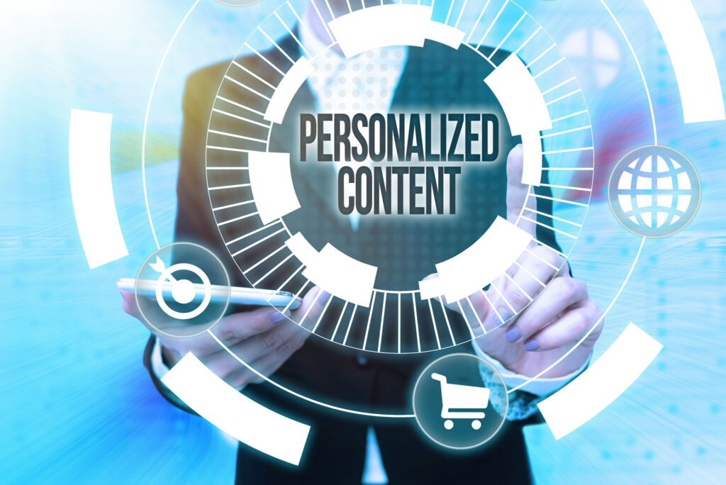 Text showing inspiration Personalized Content. Business overview seeks to tailor a digital product to specific user Lady In Uniform Holding Phone Pressing Virtual Button Futuristic Technology.