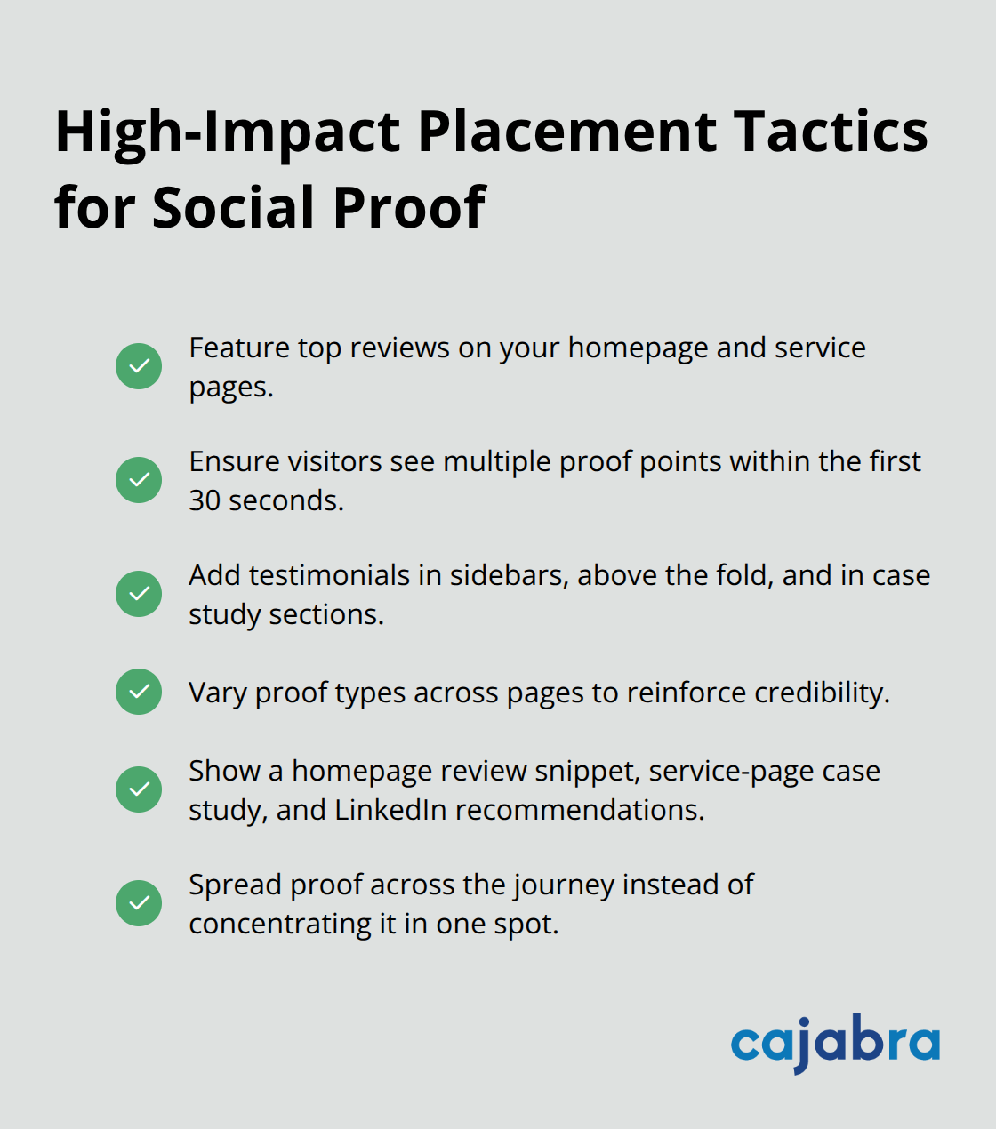 Checklist of where to place reviews and testimonials on your site