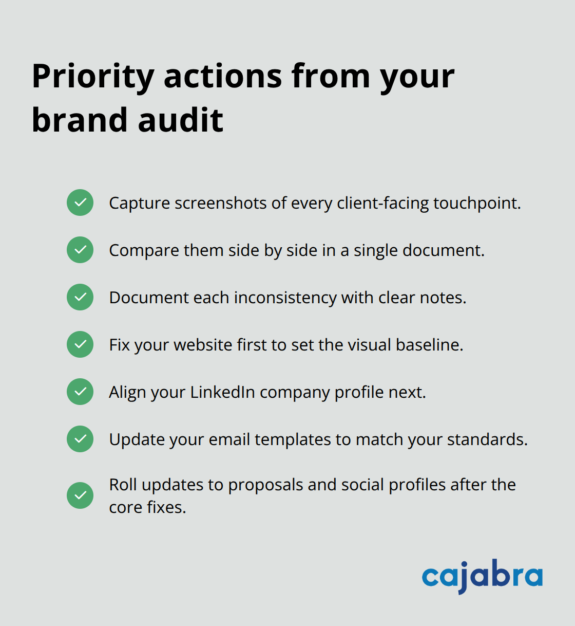 Checklist of immediate steps and first channels to fix after a visual brand audit for U.S. accounting firms. - visual branding